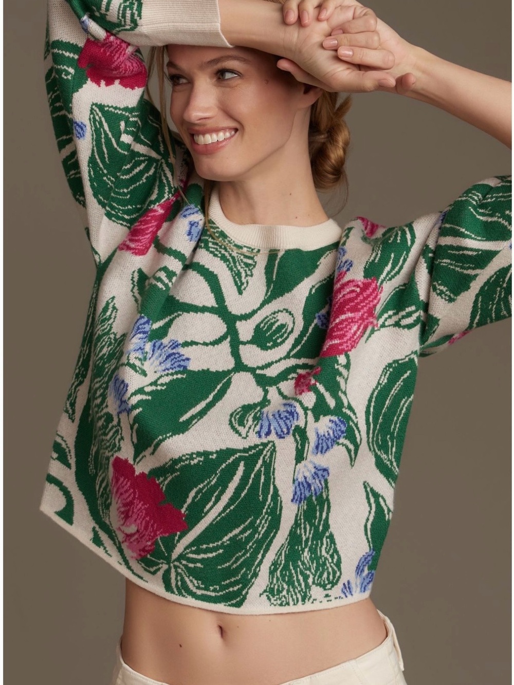 Anthropologie Floral Crop Sweater